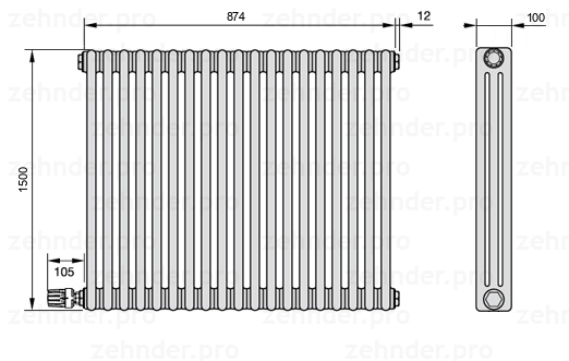 Схема (чертеж) Радиатор Zehnder Charleston 3150/19 №V003 Белый глянцевый RAL 9016